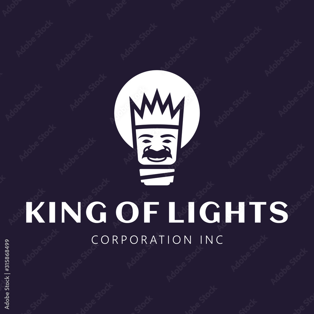 King of Lights Logo Template. Smart and creative logo design featuring a bulb lamp and a king. The filament of the bulb creates the crown of the king.