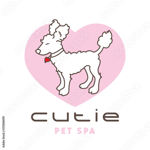 Cutie Dog Spa Logo Template. A cute dog drying at the groomer. Bichon Frisé, Poodle in a heart. 