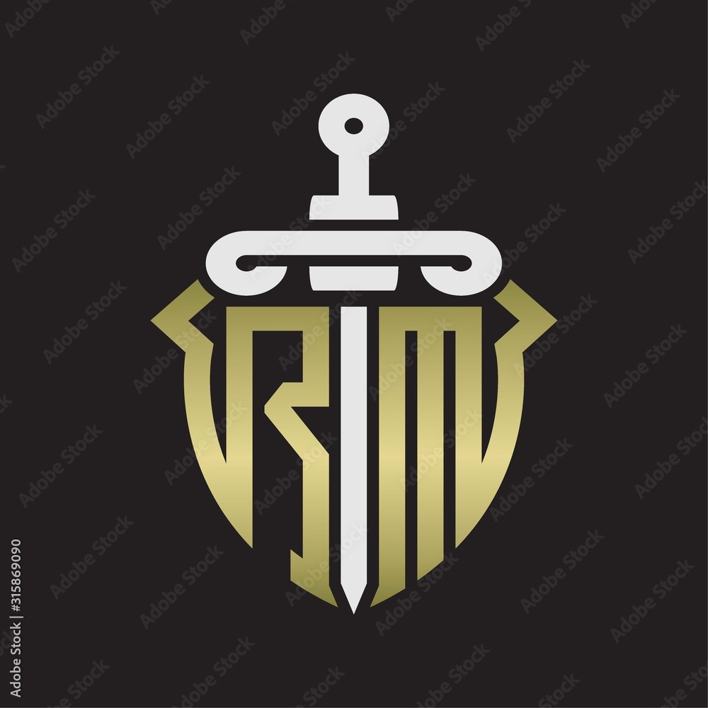 RM Logo monogram with sword and shield combination isolated with gold colors RM Logo monogram with sword and shield combination isolated with gold colors