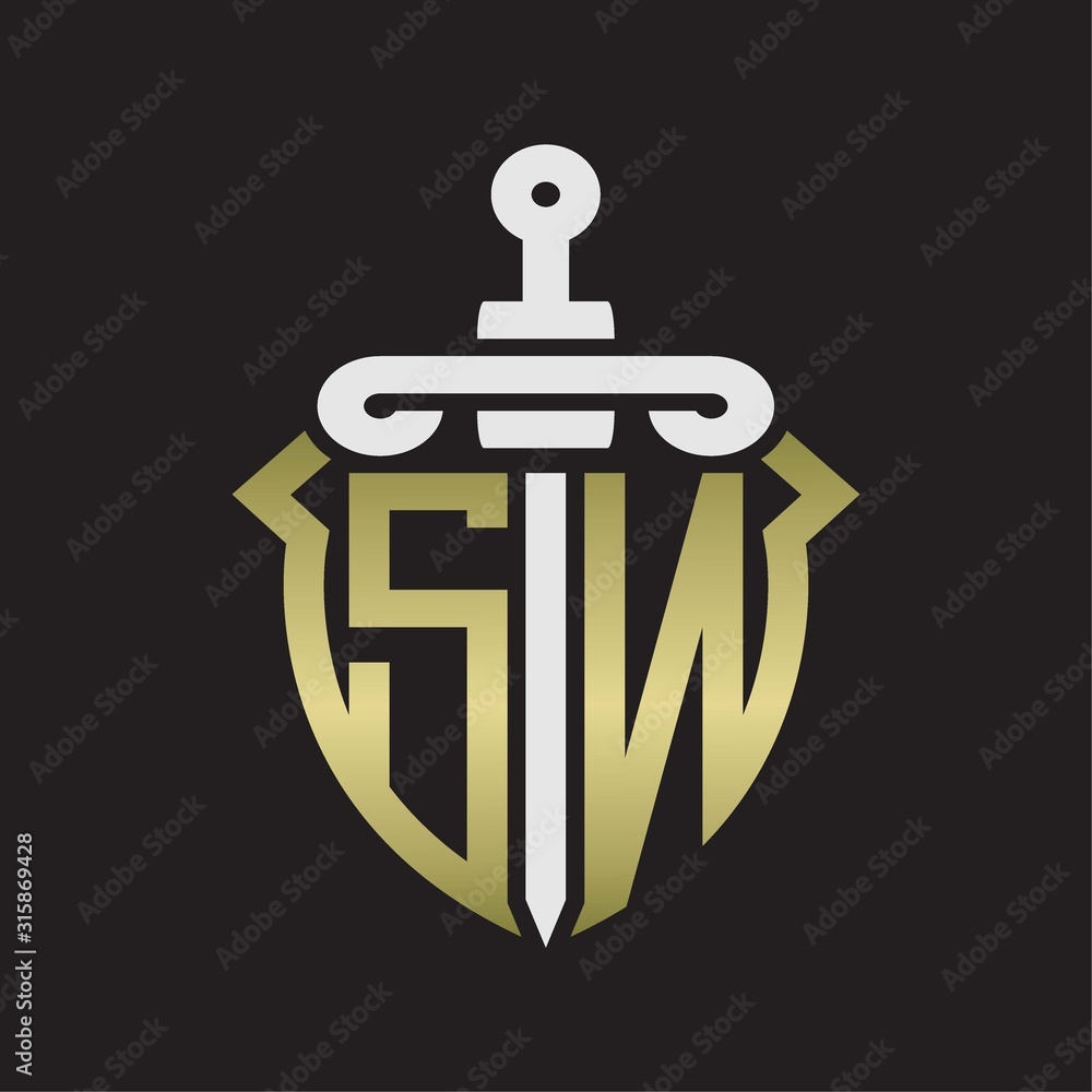 SN Logo monogram with sword and shield combination isolated with gold colors SN Logo monogram with sword and shield combination isolated with gold colors