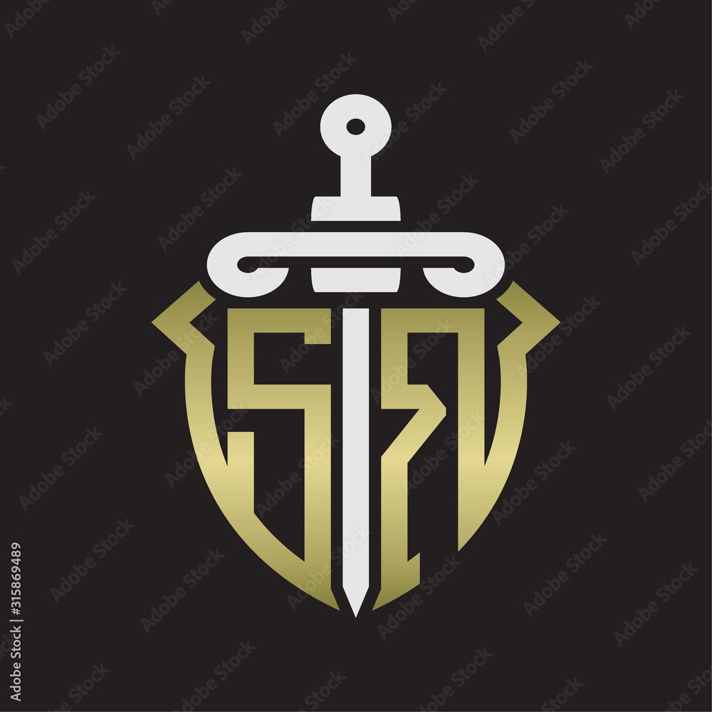 SR Logo monogram with sword and shield combination isolated with gold colors SR Logo monogram with sword and shield combination isolated with gold colors