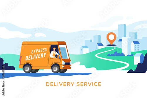 Express delivery truck with man is carrying parcels on points. Concept online map, tracking, service. Vector illustration.