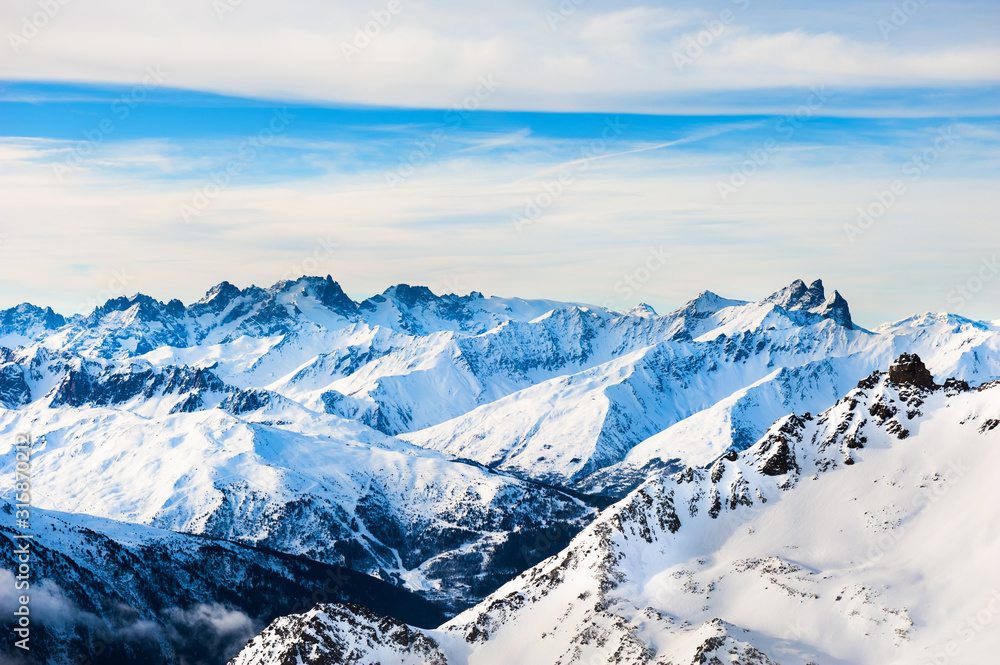 Ski resort in winter mountains. Val Thorens, 3 Valleys, France.