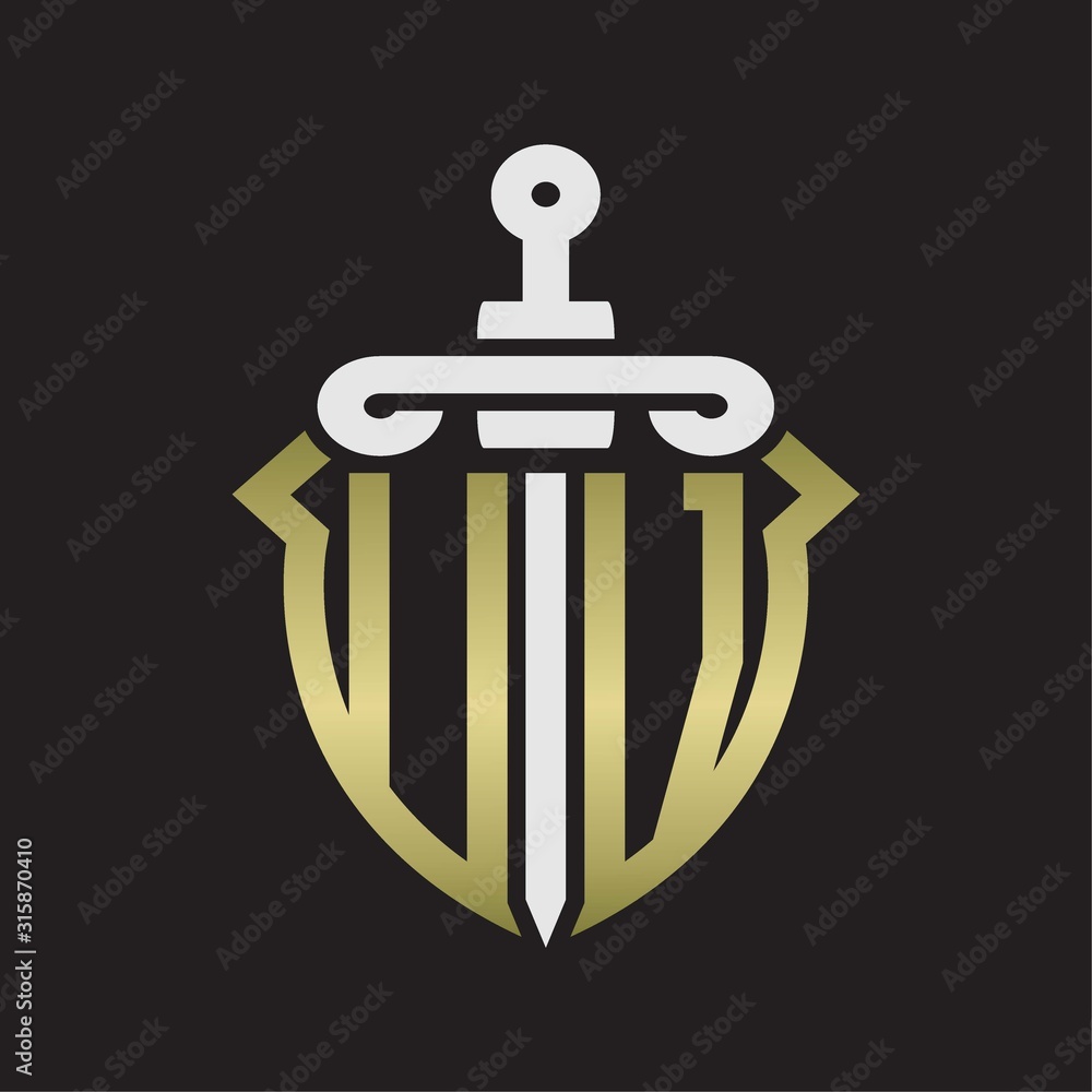 UV Logo monogram with sword and shield combination isolated with gold colors UV Logo monogram with sword and shield combination isolated with gold colors