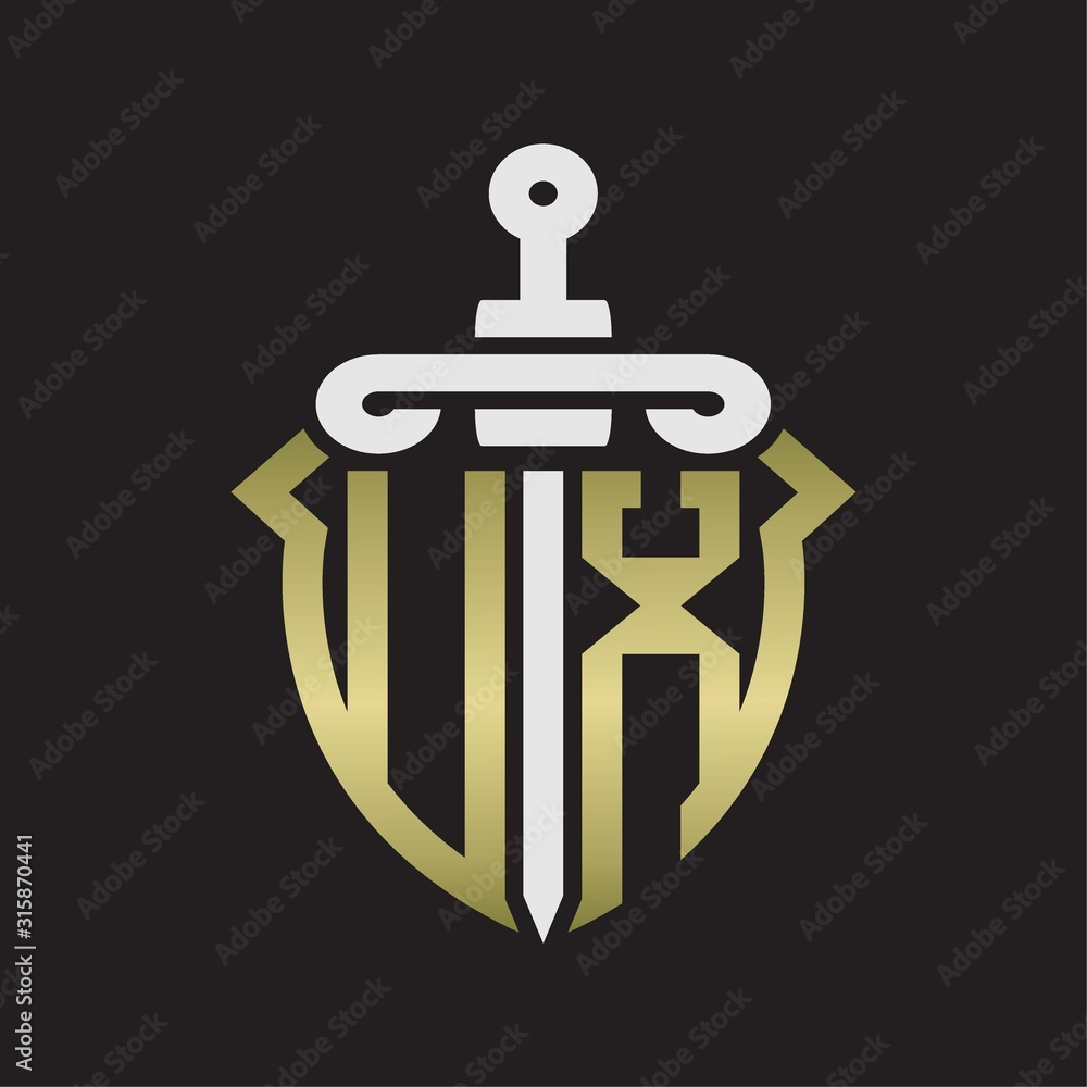 UX Logo monogram with sword and shield combination isolated with gold colors UX Logo monogram with sword and shield combination isolated with gold colors
