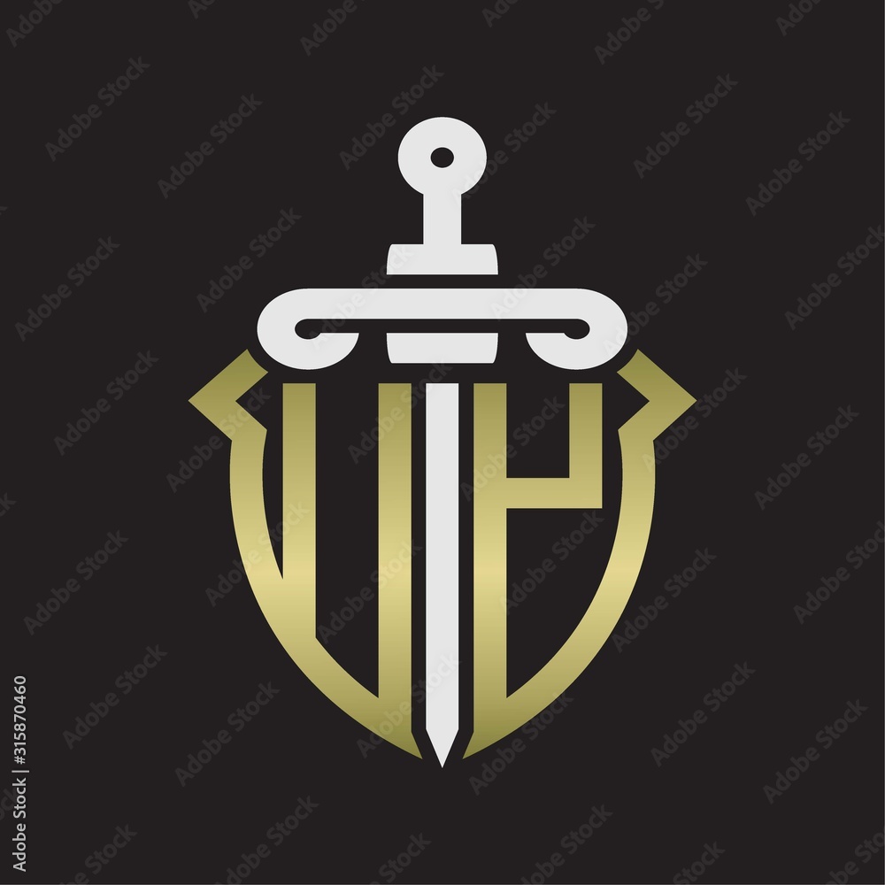 UY Logo monogram with sword and shield combination isolated with gold colors UY Logo monogram with sword and shield combination isolated with gold colors