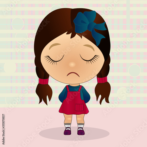 an emoticon with a cool offended girl that stands with its eyes closed and hands clasped behind its back, vector color emoji on checkered background
