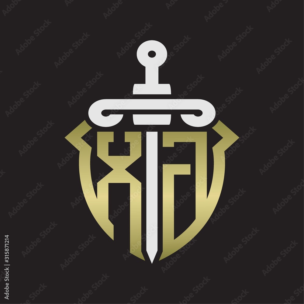 XG Logo monogram with sword and shield combination isolated with gold colors XG Logo monogram with sword and shield combination isolated with gold colors
