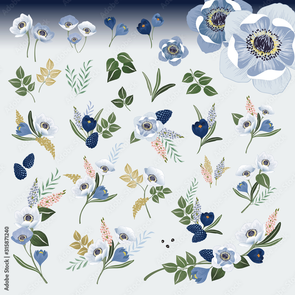 Fototapeta premium Vector illustration of floral collection. A set of beautiful flowers and branches for for Wedding, anniversary, birthday and party. Design for banner, poster, card, invitation and scrapbook