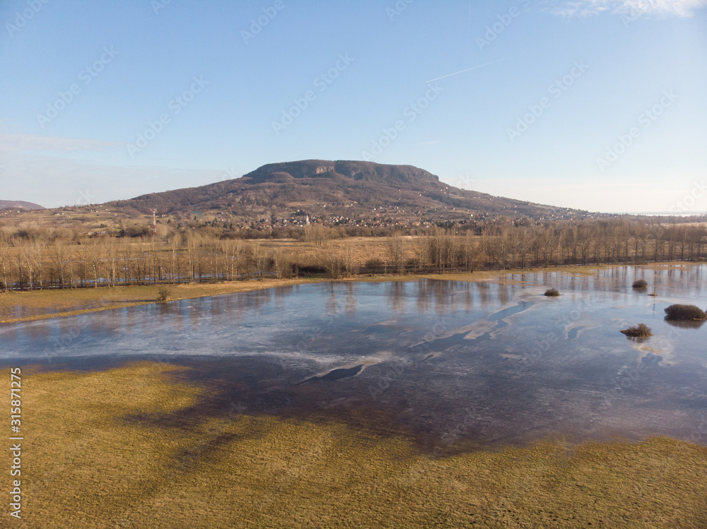 Aerial winter landscape from Hungarian volcano, Badacsoy hill