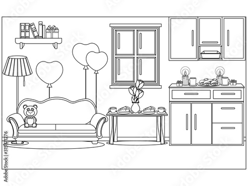 Coloring on the theme of Valentine's day. Vector illustration of an interior decorated for a holiday.