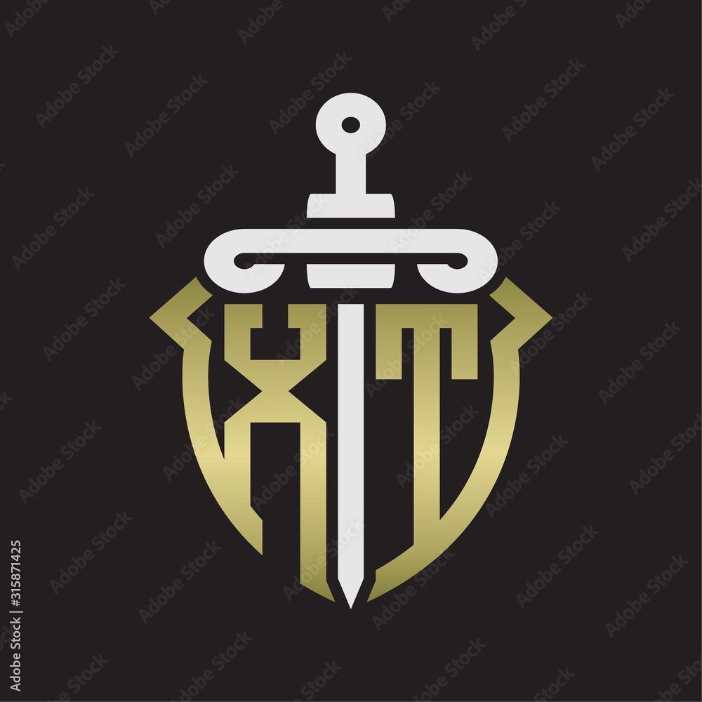 XT Logo monogram with sword and shield combination isolated with gold colors XT Logo monogram with sword and shield combination isolated with gold colors