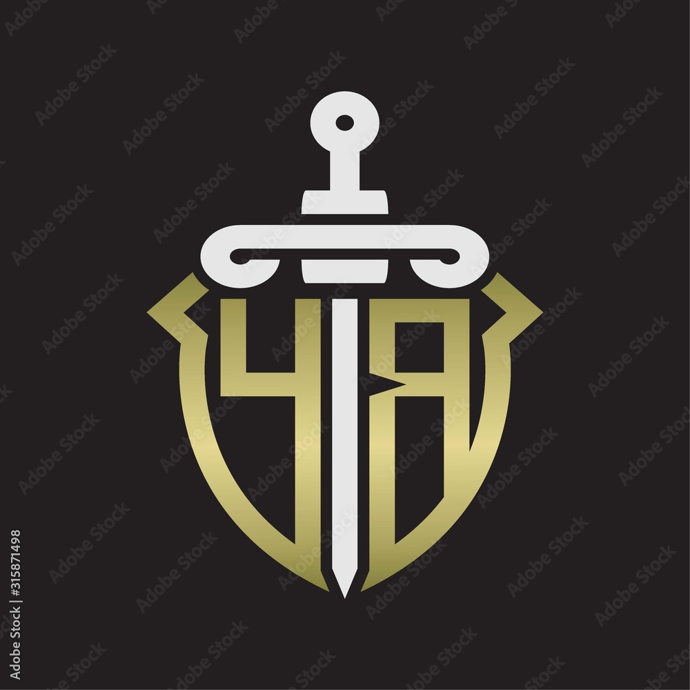 YB Logo monogram with sword and shield combination isolated with gold colors YB Logo monogram with sword and shield combination isolated with gold colors
