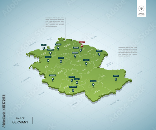 Stylized map of Germany. Isometric 3D green map with cities, borders, capital Berlin, regions. Vector illustration. Editable layers clearly labeled. English language.
