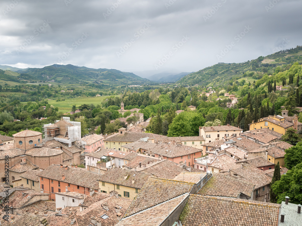 Brisighella, Ravenna, Emilia Romagna, Italy: Roofs from the top. The fortress, The Clock Tower and Monticino church charaterize the landscape for wich Brisighella is famous.