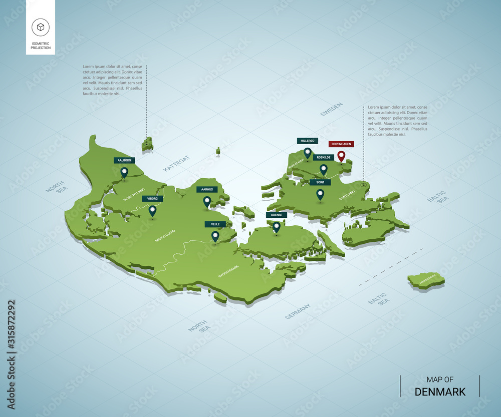 Stylized map of Denmark. Isometric 3D green map with cities, borders, capital Copenhagen, regions. Vector illustration. Editable layers clearly labeled. English language.