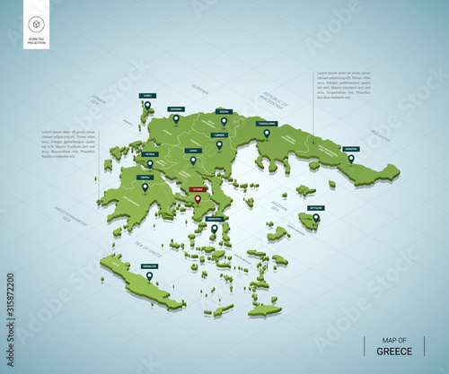 Stylized map of Greece. Isometric 3D green map with cities, borders, capital Athens, regions. Vector illustration. Editable layers clearly labeled. English language.