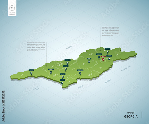 Stylized map of Georgia. Isometric 3D green map with cities, borders, capital Tbilisi, regions. Vector illustration. Editable layers clearly labeled. English language.