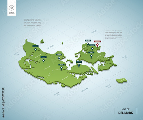 Stylized map of Denmark. Isometric 3D green map with cities  borders  capital Copenhagen  regions. Vector illustration. Editable layers clearly labeled. English language.
