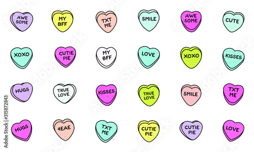 Sweet heart candy. Sweetheart candies isolated on white background, conversation sweets for valentines day, valentine sugar food hearts