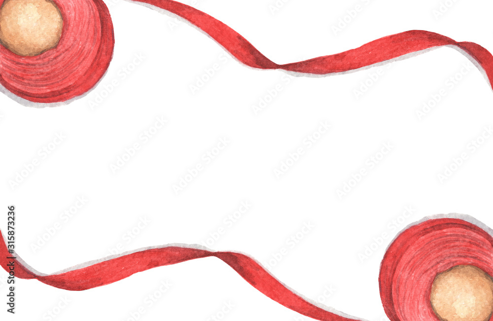 Satin ribbon roll red color and long ribbon on white background, copy
