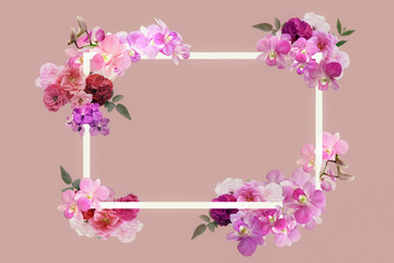 real rose,orchid flower frame with square in pink vintage tone with copy space for valentine
