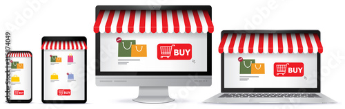 Online Shopping on Mobile Phone, Tablet Pc, Computer Monitor and Laptop Screen. E-Commerce and Digital Marketing Concept Vector Illustration. 