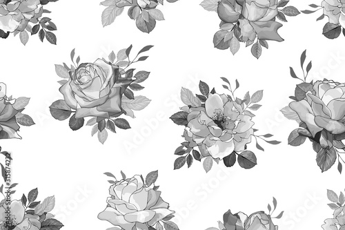 Monochrome seamless floral pattern with grey flowers roses and leaves on white background. Hand drawn. For design textile, wallpapers, wrapping paper, prints. Vintage. Vector stock illustration.