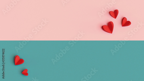 Valentines Day background, colorful decoration design with space for text. Paper cut red hearts on multicolored pastel pink, turquoise background, top view concept. Romantic concept, flat lay nubes.