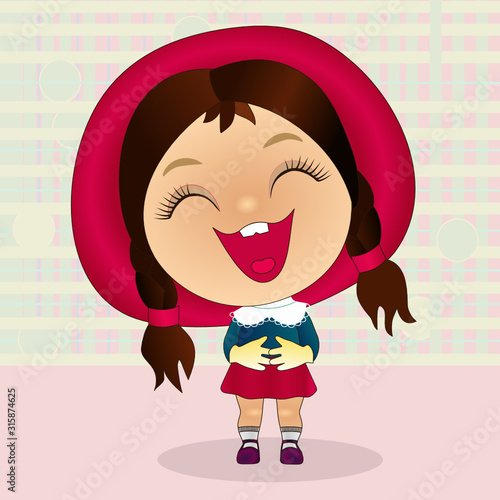 ha-ha emoticon with a funny laughing laugh girl that stands and holds on to his stomach from nicker, vector color emoji on checkered background