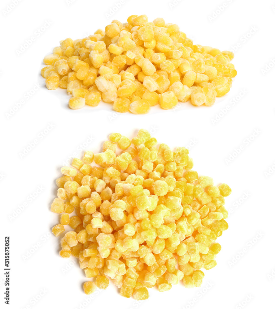 Frozen corn on white background. Vegetable preservation Frozen corn on white background. Vegetable preservation