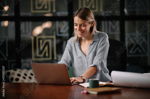 Young businesswoman working on project. Beautiful architect in office. 