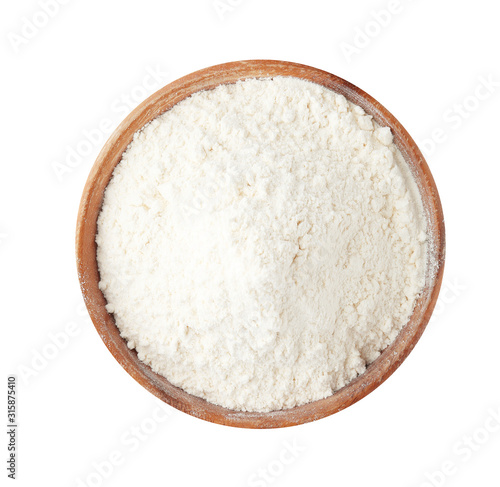 Organic flour in bowl isolated on white, top view
