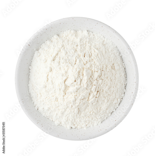 Organic flour in bowl isolated on white, top view