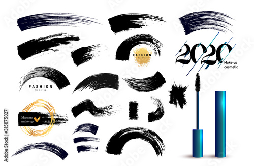 Set of Creative make up logo. Mascara brush stroke in sphere shape. Round make-up cosmetic texture design template. Realistic mascara smear sign. Eyelash logo vector isolated on white background.