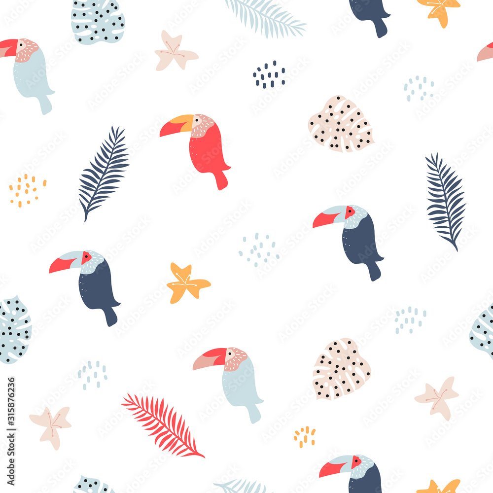 Obraz premium Seamless pattern with toucan and tropical leaves. Cute kids print. VEctor hand drawn illustration.