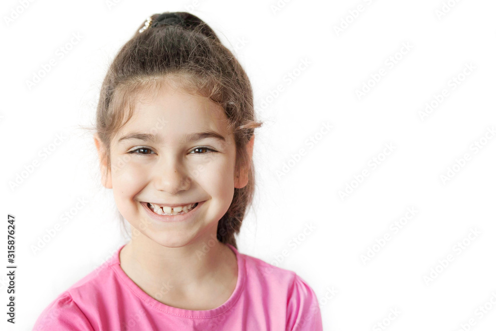 Portrait of happy smiling child girl isolated on white background. Laughing people. Positive emotions. Portrait of happy smiling child girl isolated on white background. Laughing people. Positive emotions.