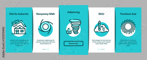 Tornado And Hurricane Onboarding Mobile App Page Screen Vector. Tornado Blowing House Roof, Cyclone On Planet Globe, Twister Weather Concept Linear Pictograms. Color Contour Illustrations