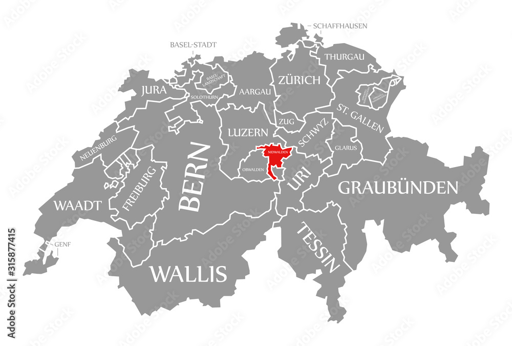 Nidwalden red highlighted in map of Switzerland