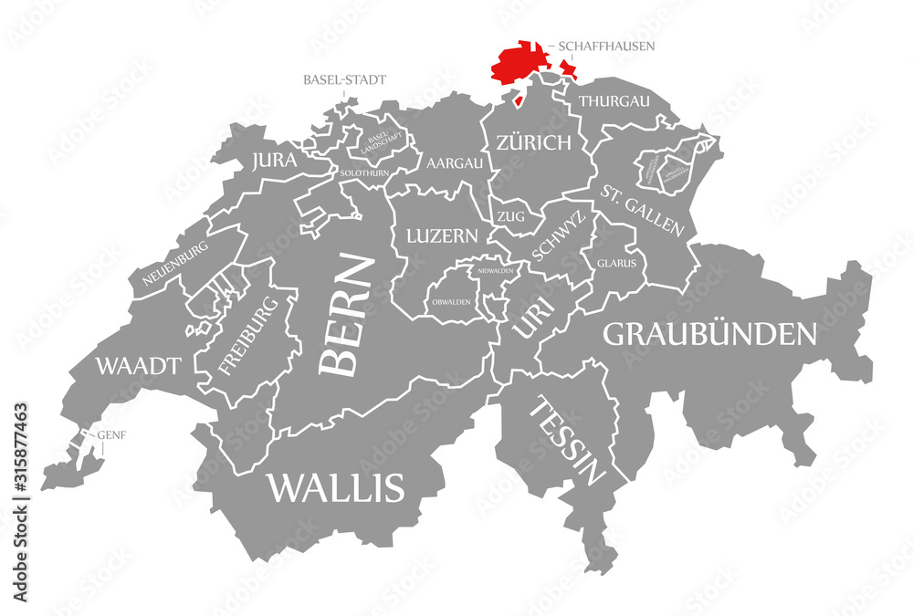 Schaffhausen red highlighted in map of Switzerland