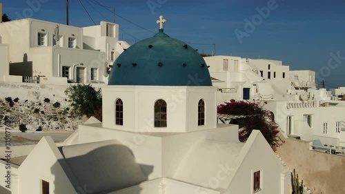 Aerial Footage - White Houses And Blue Domes Greek Orthodox Church, Santorini