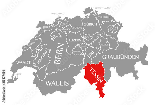 Tessin red highlighted in map of Switzerland
