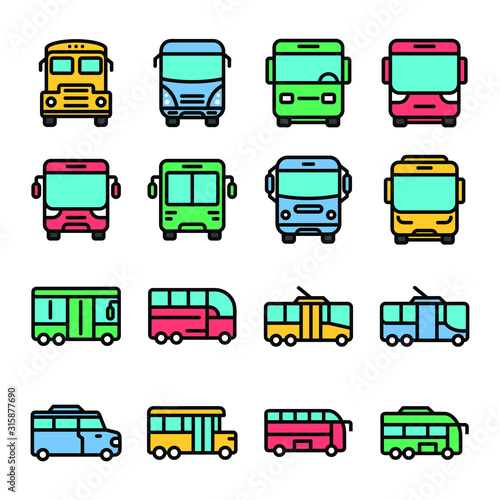 Set of bus icon. Vector illustration. Isolated on white background. Public transport related icons. Editable stroke. Thin vector icon set