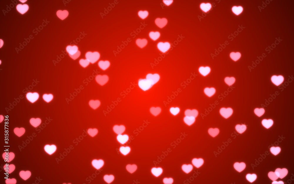 Valentine day pink hearts light on red background.