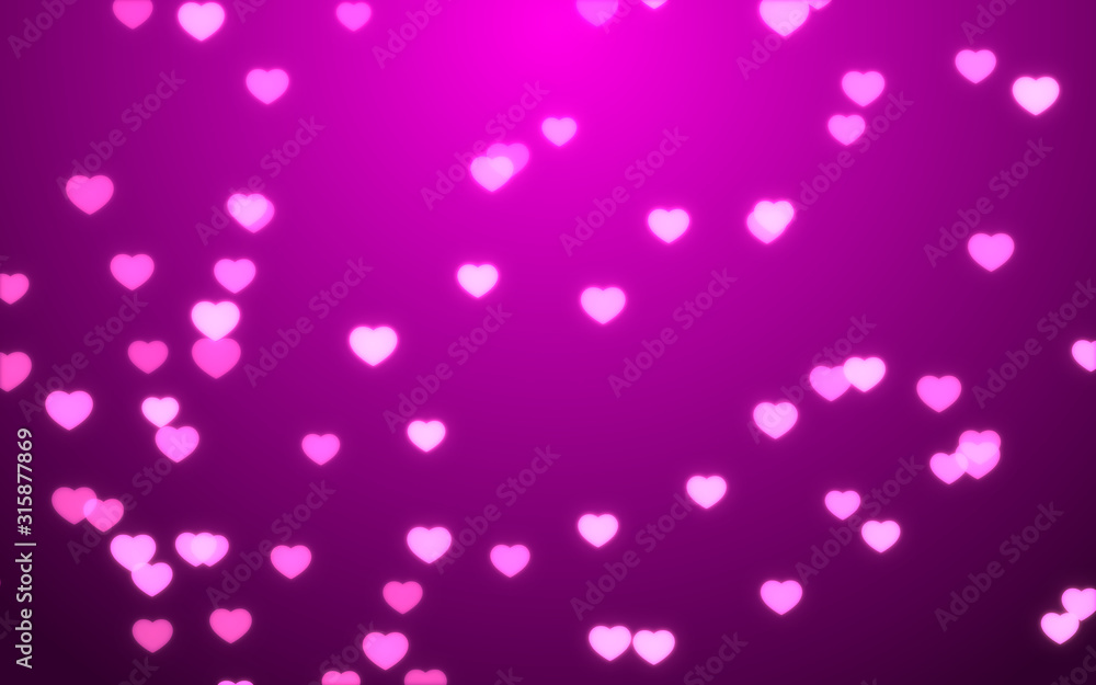 Valentine day pink hearts on purple background.