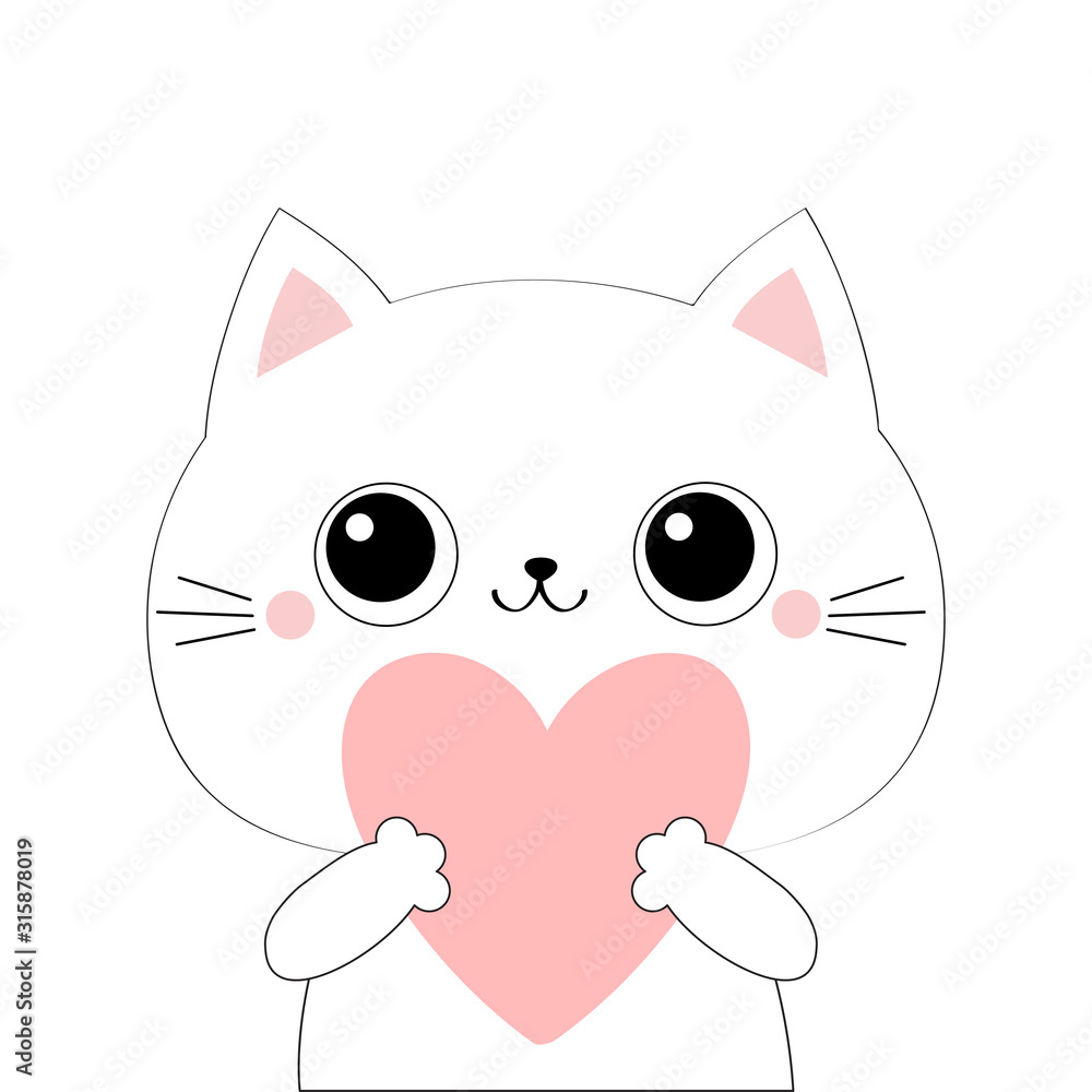 Obraz premium Cat kitten kitty head face holding big pink heart. Happy Valentines Day. Cute cartoon kawaii funny animal character. Flat design. Love card. White background. Isolated.