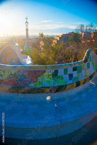 BARCELONA, SPAIN - January 30, 2019: Parc Guell is located in Barcelona, Spain. It is a park designed by an artist Antoni Gaudi. ..