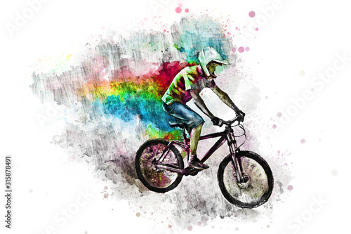 Fototapeta Naklejka Na Ścianę i Meble -  Flying cyclist in a helmet on a downhill bike. Watercolor and pencil color illustration on a white background.
