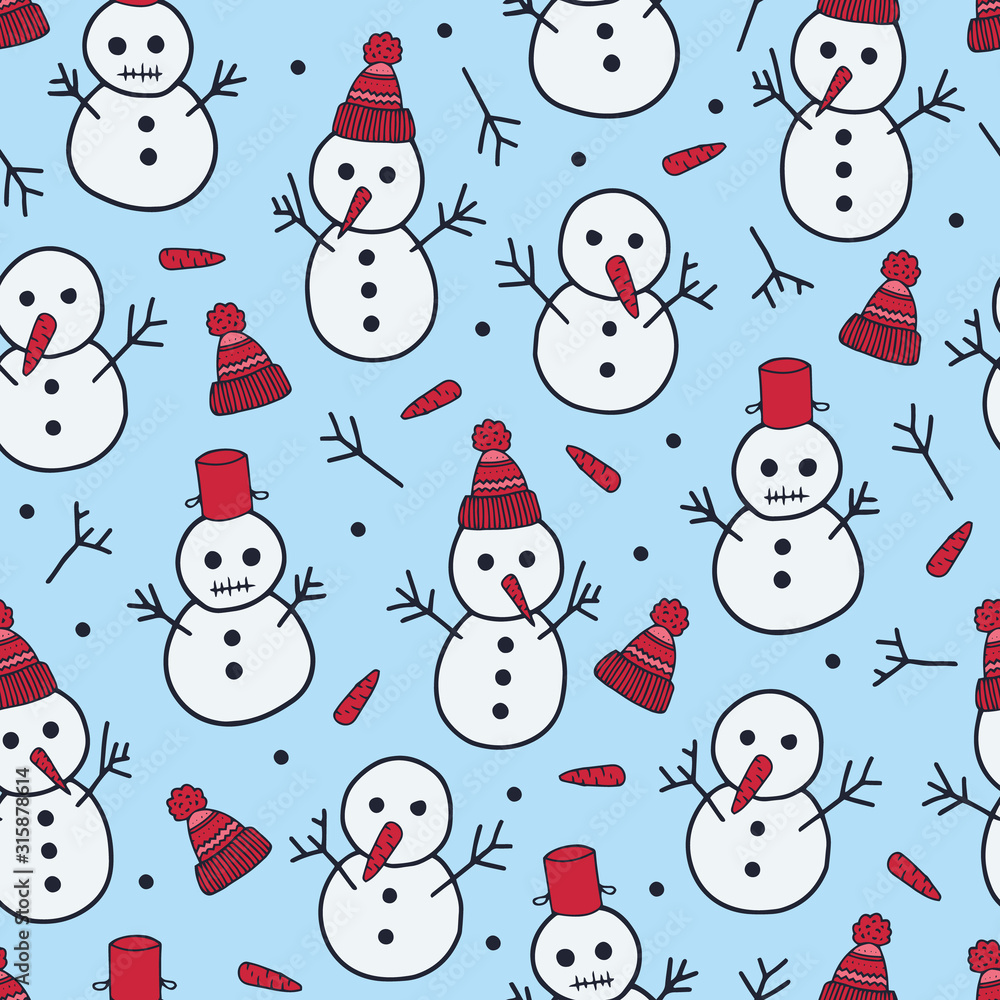 Vector winter pattern in blue and white. Simple doodle snowmen made into repeat. Great for background, wallpaper, wrapping paper, packaging, fashion. Vector winter pattern in blue and white. Simple doodle snowmen made into repeat. Great for background, wallpaper, wrapping paper, packaging, fashion.