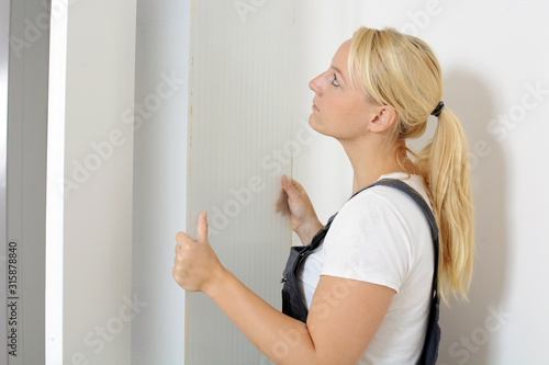 Wallpaper Mural Female craftsman or joiner in house renovation puts glass pane in door Torontodigital.ca